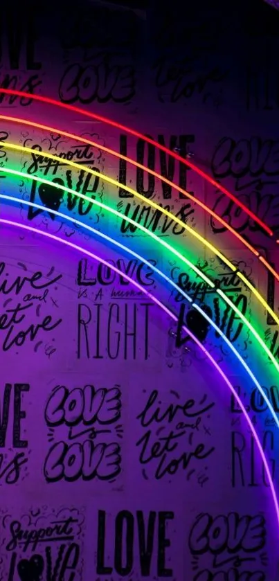 Vibrant neon rainbow with love quotes on black background.