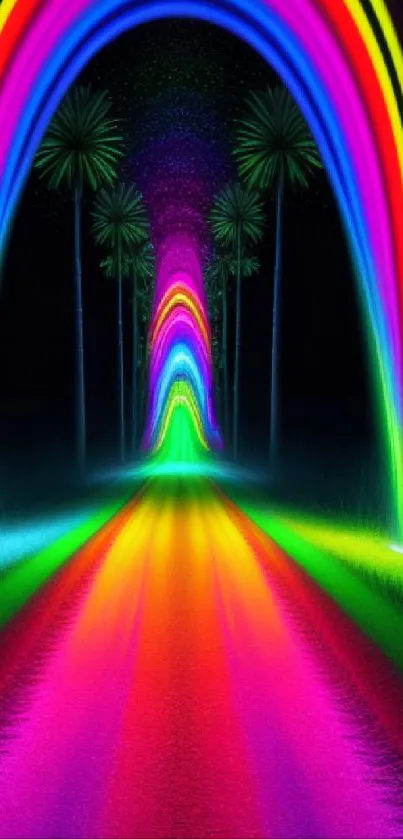 Vibrant neon rainbow path with tropical trees and glowing colors.