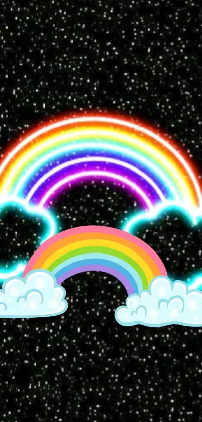 Vibrant neon rainbow with clouds against a starry black background.