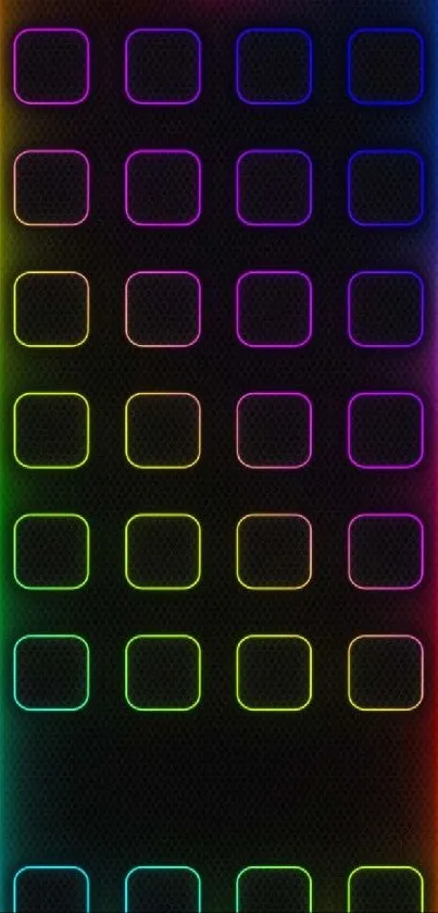 Neon rainbow mobile wallpaper with glowing squares on a black background.