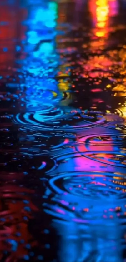 Neon lights reflecting on a rainy street surface.