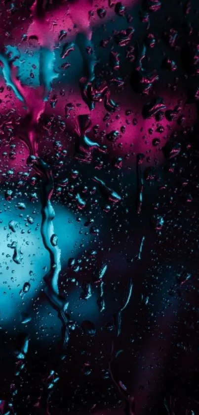 Vibrant neon wallpaper with raindrops on a blue and pink abstract background.