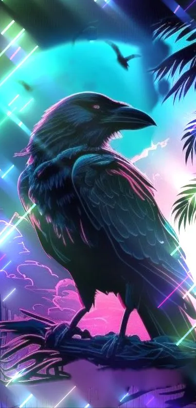 Neon blue and pink raven wallpaper with palm leaves.