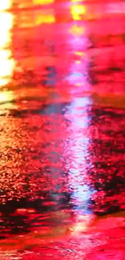 Vibrant neon city reflection on a wet street.