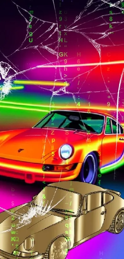 Vibrant neon wallpaper with retro car and glowing lights.