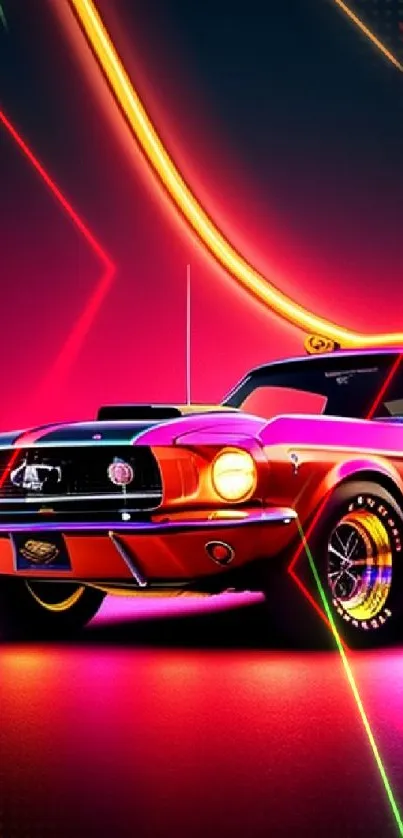Vibrant neon retro car with colorful lights.