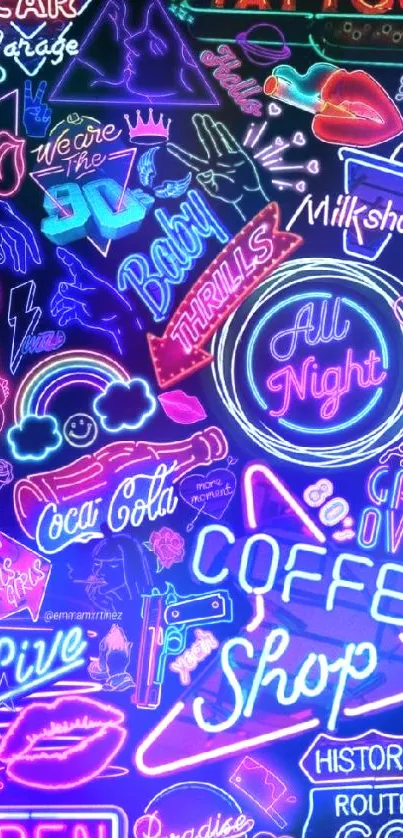 Vibrant neon-themed wallpaper with retro signs.