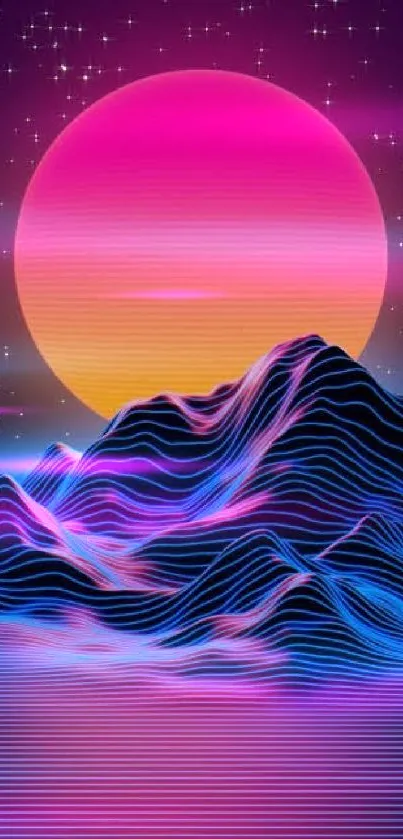 Neon-lit mountains under a pink sun on a starry background.