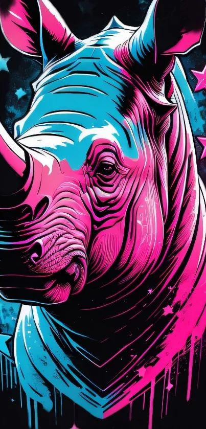 Neon rhino art with vibrant pink and blue hues on black background.