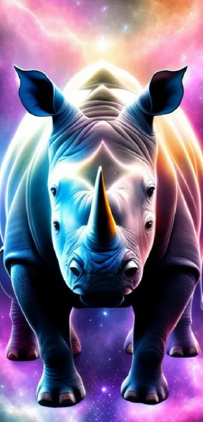 Neon rhino standing in a colorful galaxy background, perfect for mobile wallpaper.