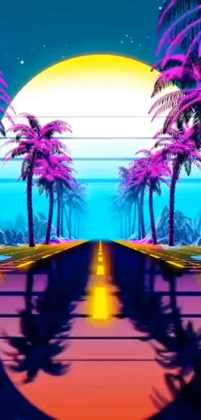 A vibrant neon road with palm trees and a glowing sunset in retro colors.