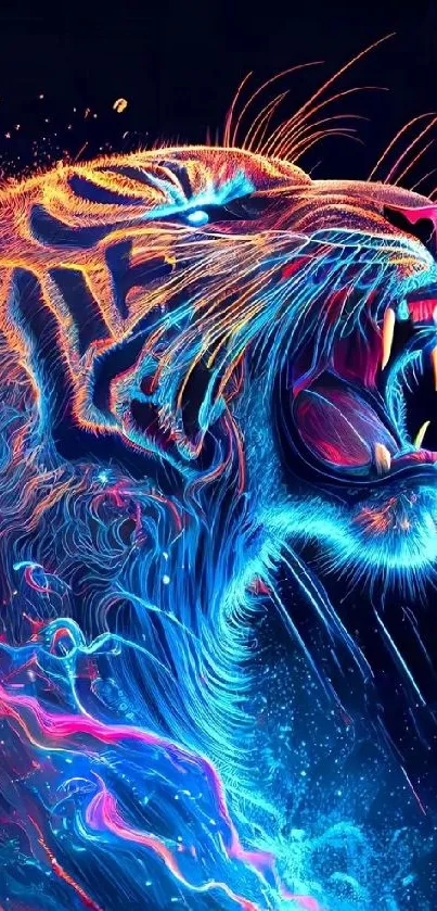 Vibrant neon art of a roaring tiger with colorful lines.