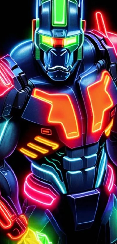 Futuristic robot with neon lights against a black background.