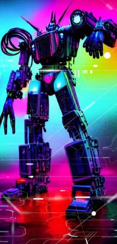 Vibrant neon robot on colorful background wallpaper.