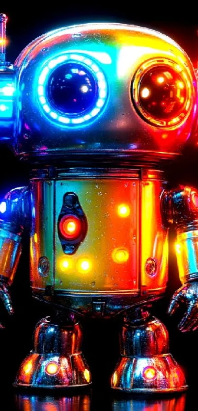 Vibrant neon robot with glowing colors and futuristic design.