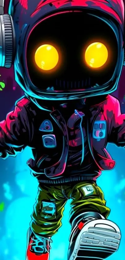 Vibrant neon robot with headphones in a dynamic digital art style.