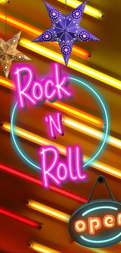 Neon rock n roll with colorful glowing tubes wallpaper.