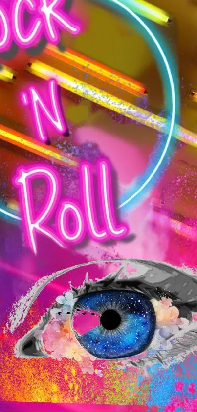 Neon rock 'n roll wallpaper with colorful eye design.