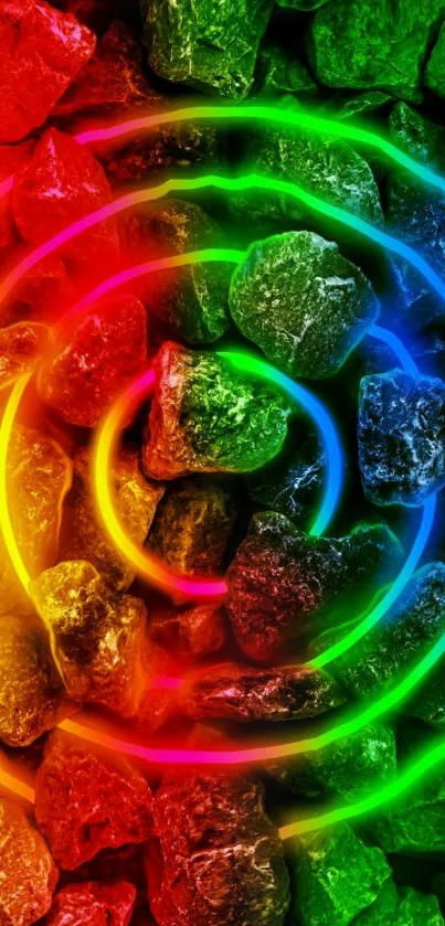 Vibrant neon spiral on colorful stones wallpaper.