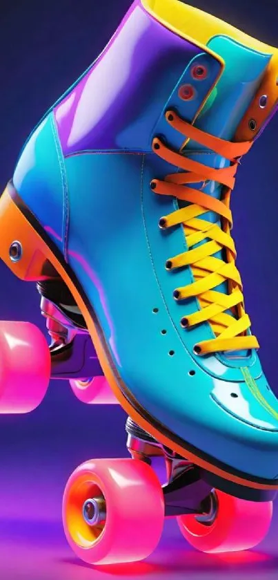 Vibrant neon roller skate on dark background.