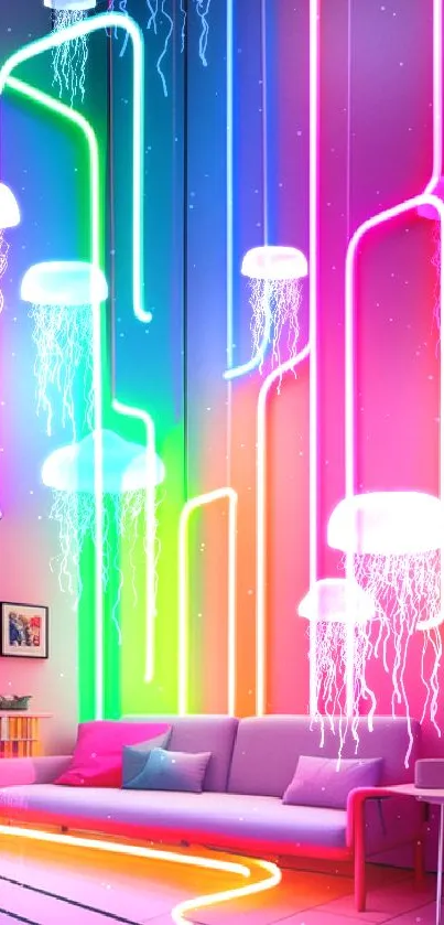 Modern neon room wallpaper with colorful lights.