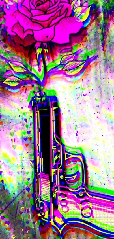 Neon wallpaper featuring a rose and gun illustration.