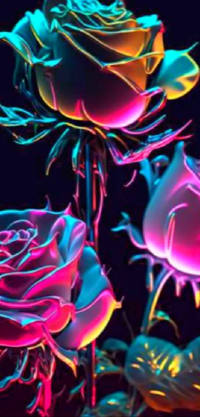 Vibrant neon roses with colorful glow on dark background.