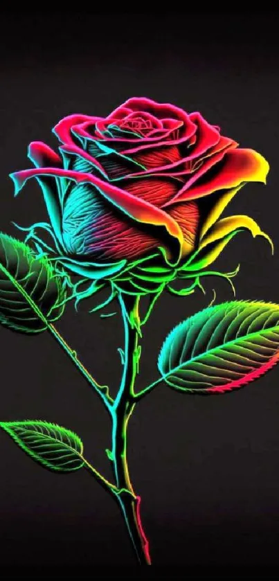 Vibrant neon rose against dark background.