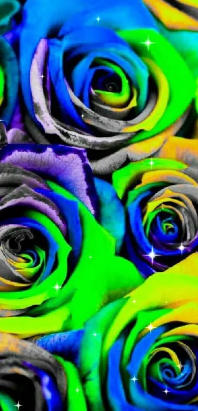 Vibrant neon roses with multicolored hues, creating artistic wallpaper for phones.