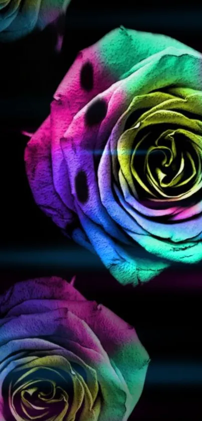 Vibrant, multicolored neon roses on a dark background.