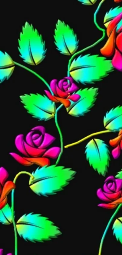 Vibrant neon roses on black background.