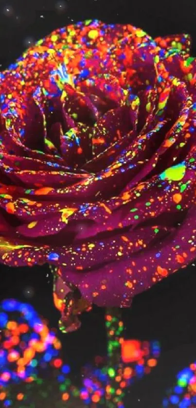 Vibrant neon-colored rose on black background.