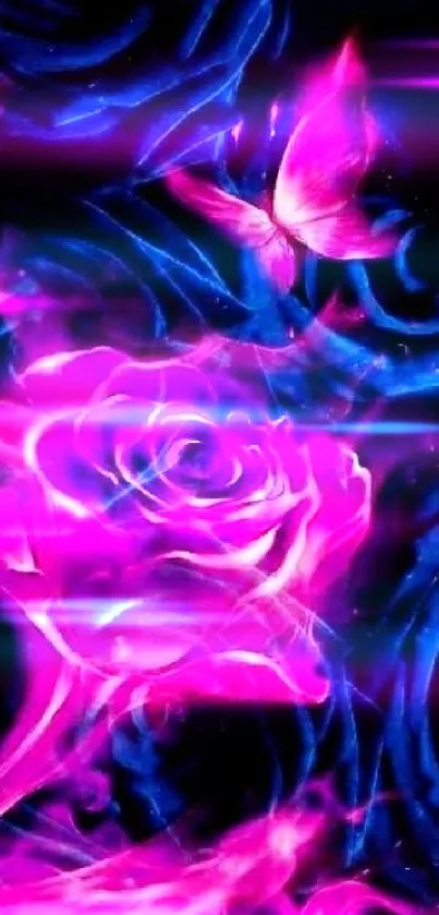 Neon rose and butterfly art on dark blue background.