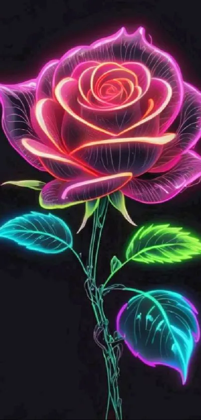 Vibrant neon rose with glowing colors on a dark background.