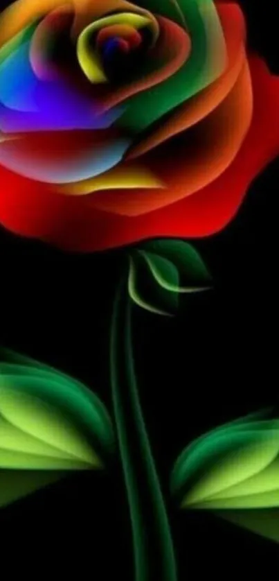 Vibrant neon rose digital art with colorful glow on black background.