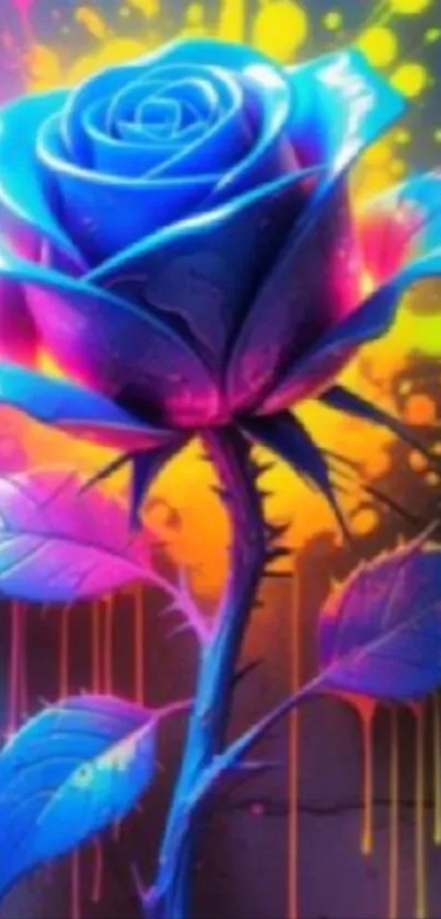 Vibrant blue rose with neon graffiti background.