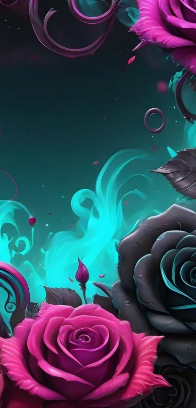 Colorful neon roses with teal background artwork.