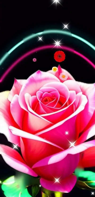 Bright neon rose blossom with glowing accents on a dark background.