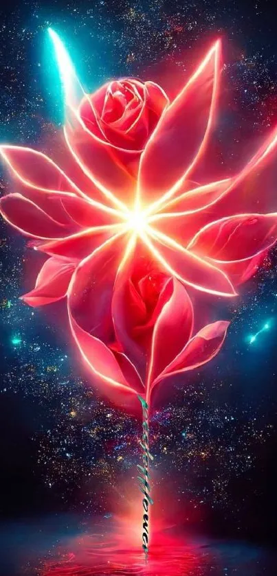 Neon rose wallpaper with glowing petals and cosmic background.