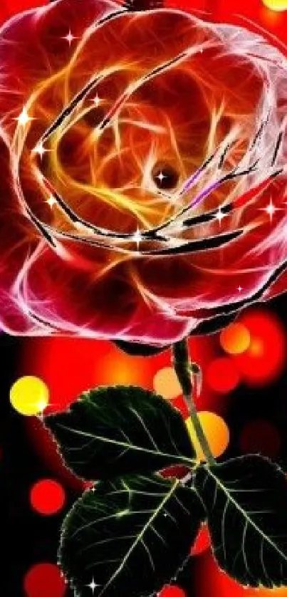 Glowing neon rose against dark backdrop with vibrant colors.