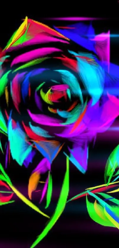 Neon digital art rose with vibrant colors on a black background.