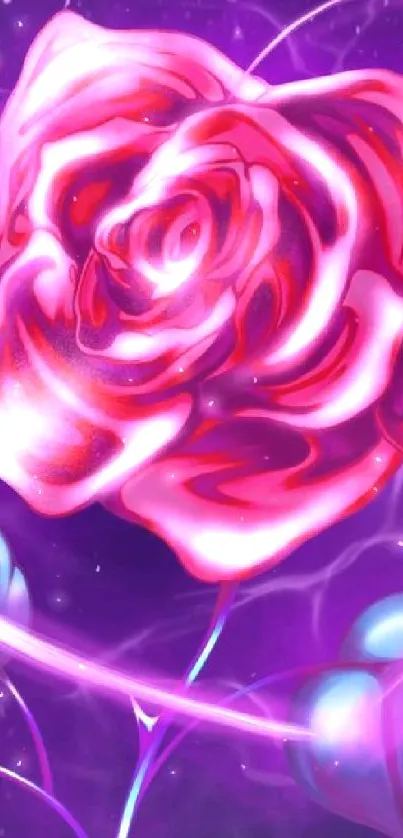 Neon pink rose glowing against a vibrant purple background with blue leaves.