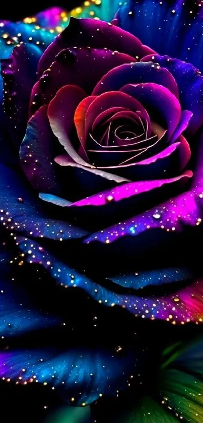 Vibrant multicolor rose with raindrops on petals showcasing artistic beauty.