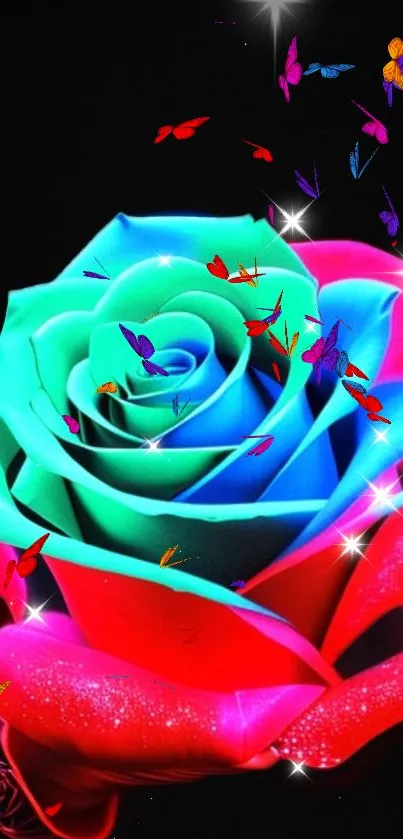 Vibrant neon rose with colorful butterflies on a black background.