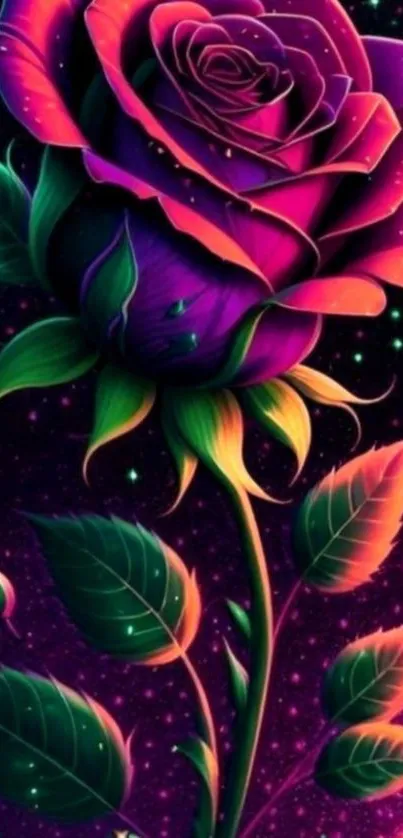 Vibrant neon rose with a cosmic backdrop.