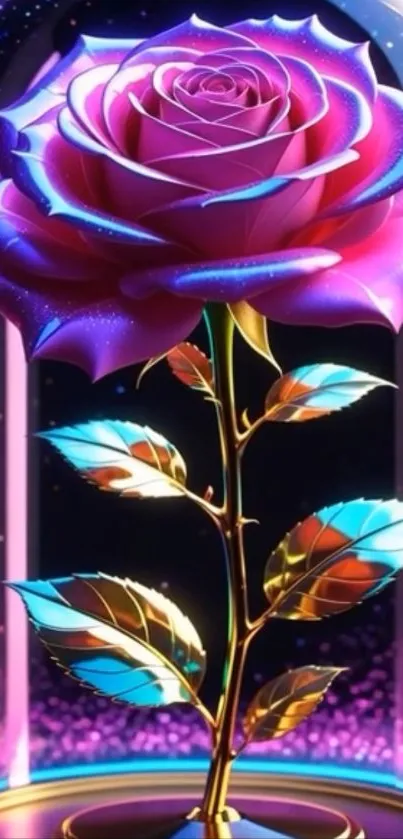 Vibrant neon rose under a glass dome.