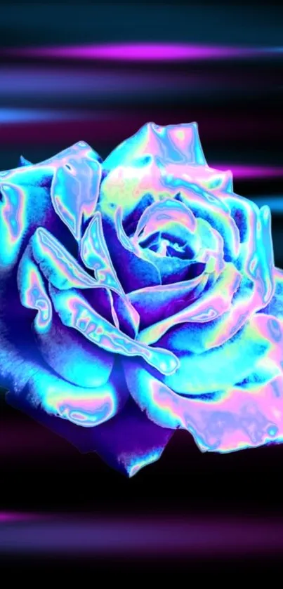 Vibrant neon rose with holographic design on a black background.