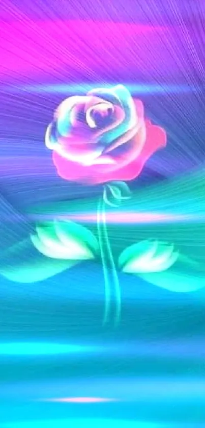 Vibrant neon rose against a colorful abstract background.