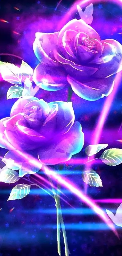 Vibrant neon roses with glowing heart design on a purple background.