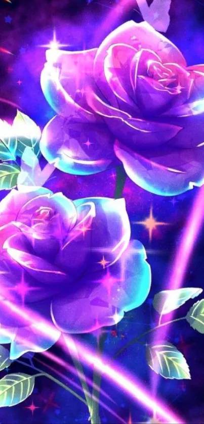 Purple neon roses with butterfly accents on a digital background.